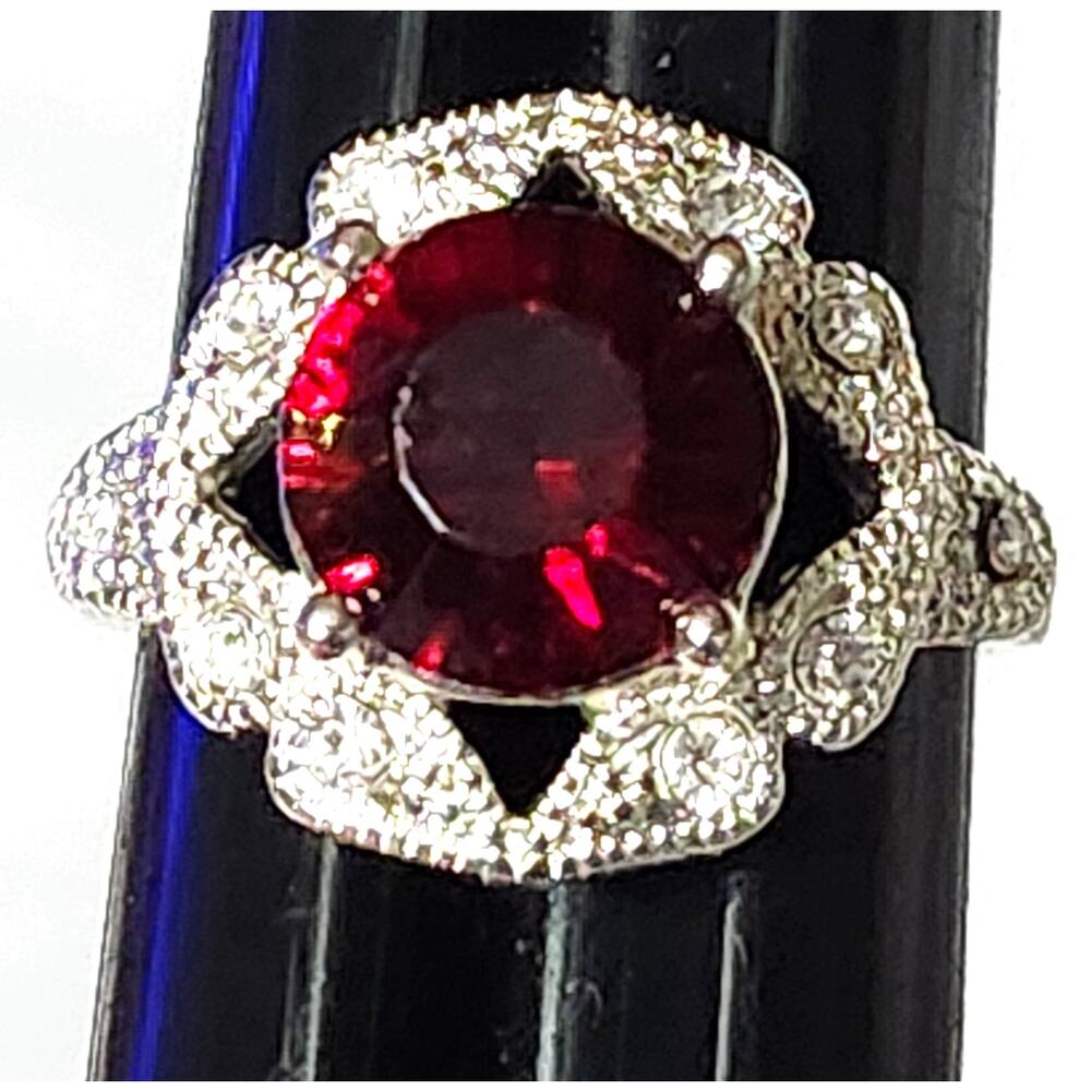 Avon NRT  Silver Garnet Red CZ Halo Ring  Size 8